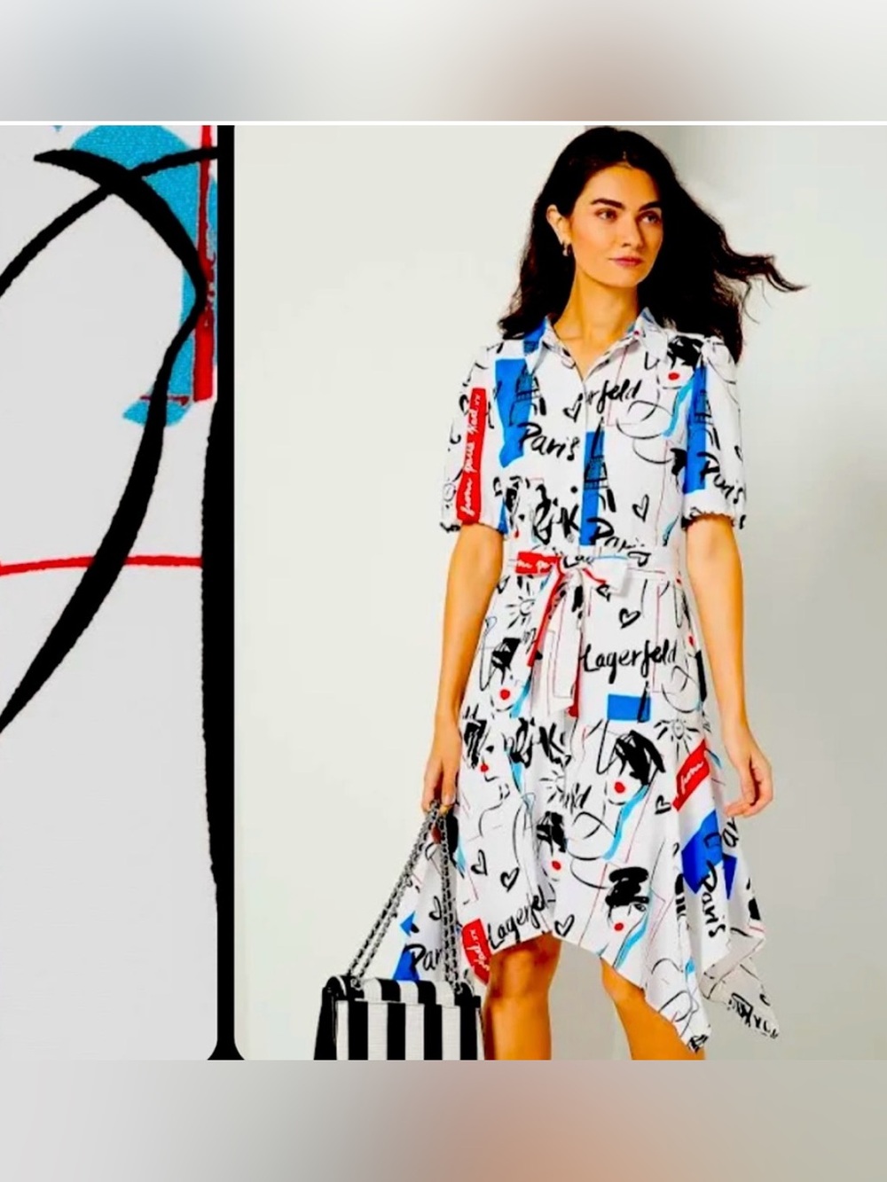 Karl Lagerfeld Paris abstract print shirt dress with handkerchief hem midi dress